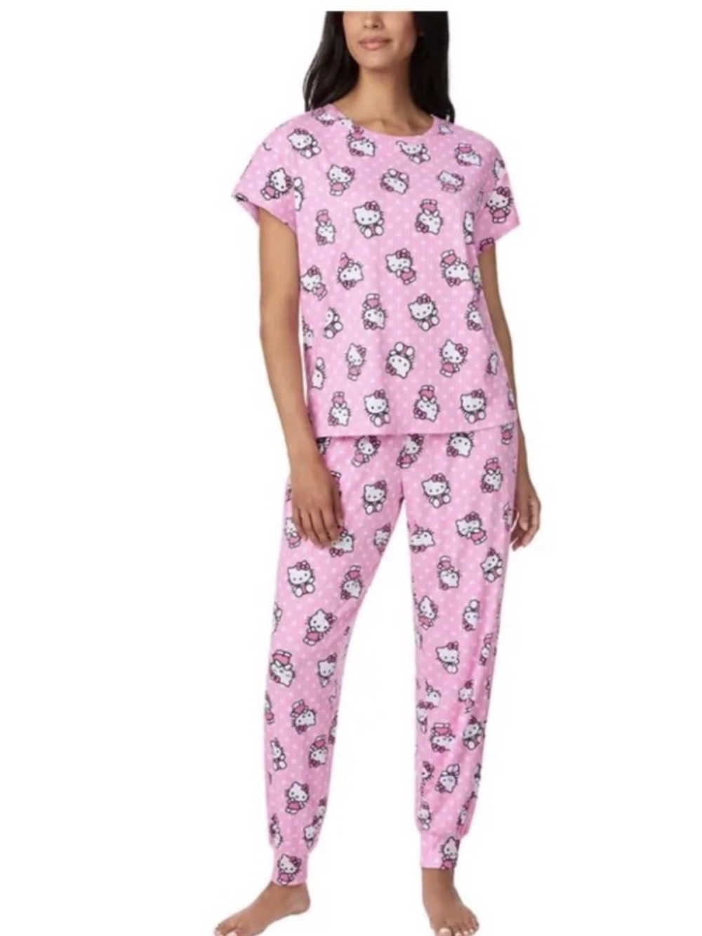 “Hello Kitty” Pajama Set Women Lg Pink Ribbed Short Sleeve & Jogger Pant. NEW